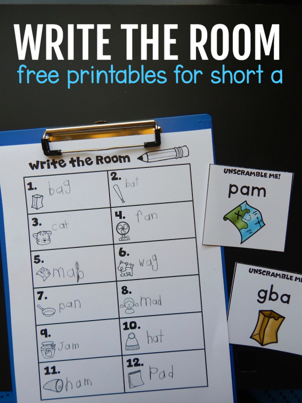 This write the room freebie is a fun way for kindergarten kids to practice CVC words with the short a vowel. Simply post the pictures around the room and have kids copy or unscramble the words onto their recording sheets. #writetheroom #kindergarten #kindergartenfreebie #phonics #CVCwords 形象推广书写室活动