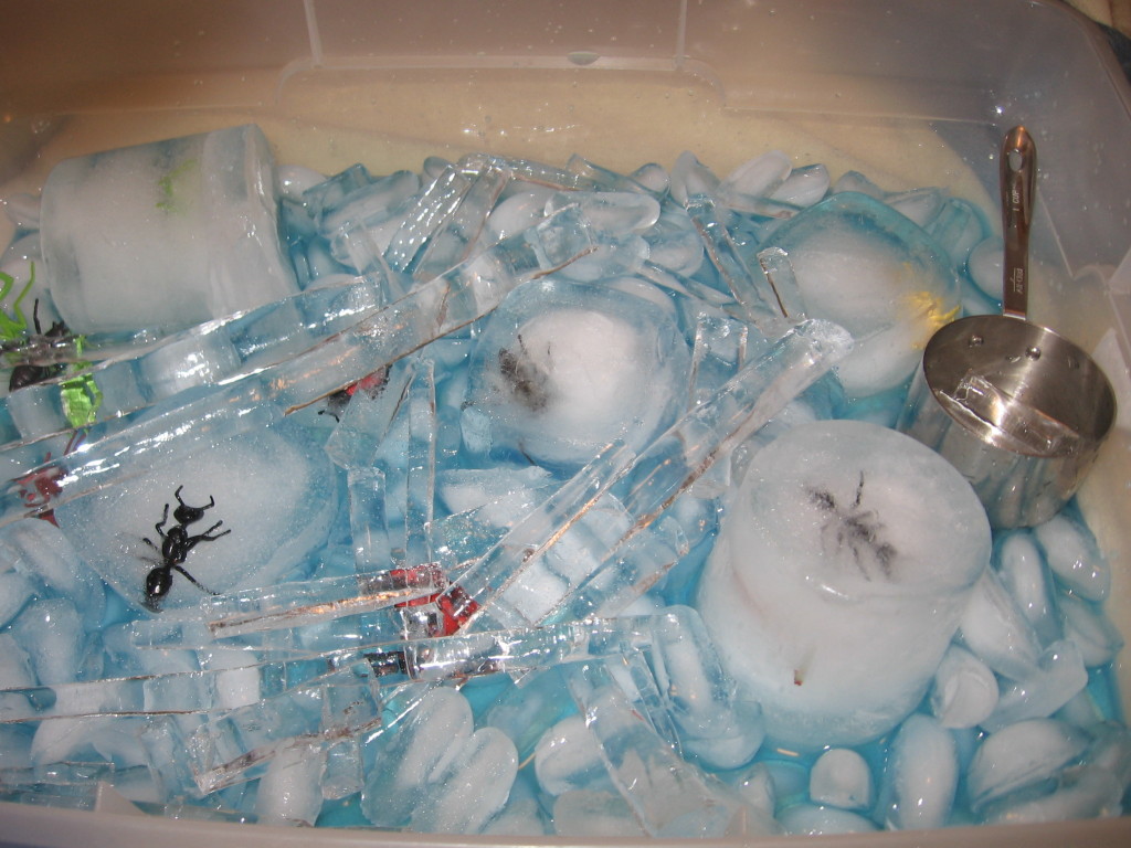 玩具昆虫在冰与冰柱和大海