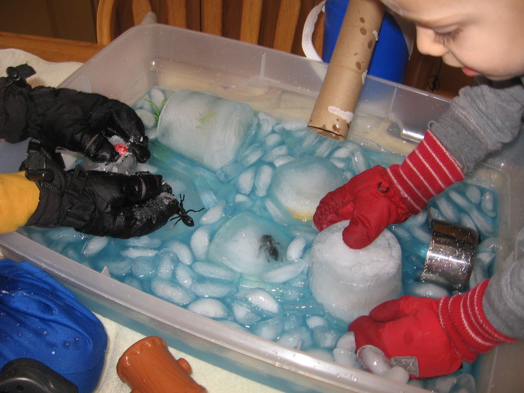 孩子们试图让冰上玩具虫