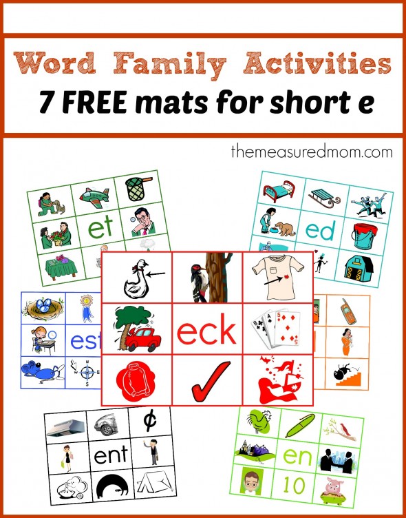 你会在这篇文章中找到7个免费的单词家庭活动- 7 read 'n stick mats for short e!