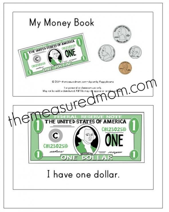 教孩子关于钱在幼儿园与这个免费的数学打印!这本书有3个不同的版本。