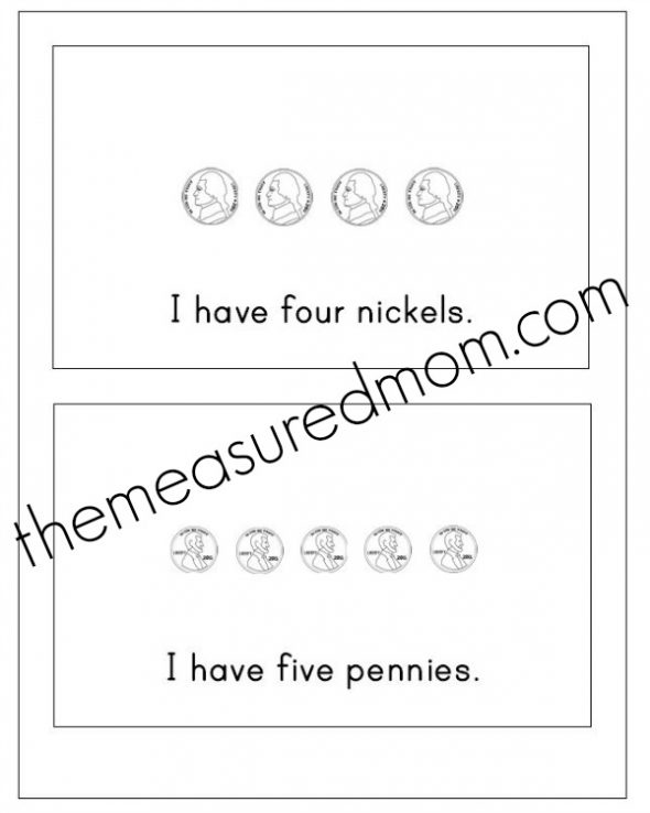 教孩子关于钱在幼儿园与这个免费的数学打印!这本书有3个不同的版本。