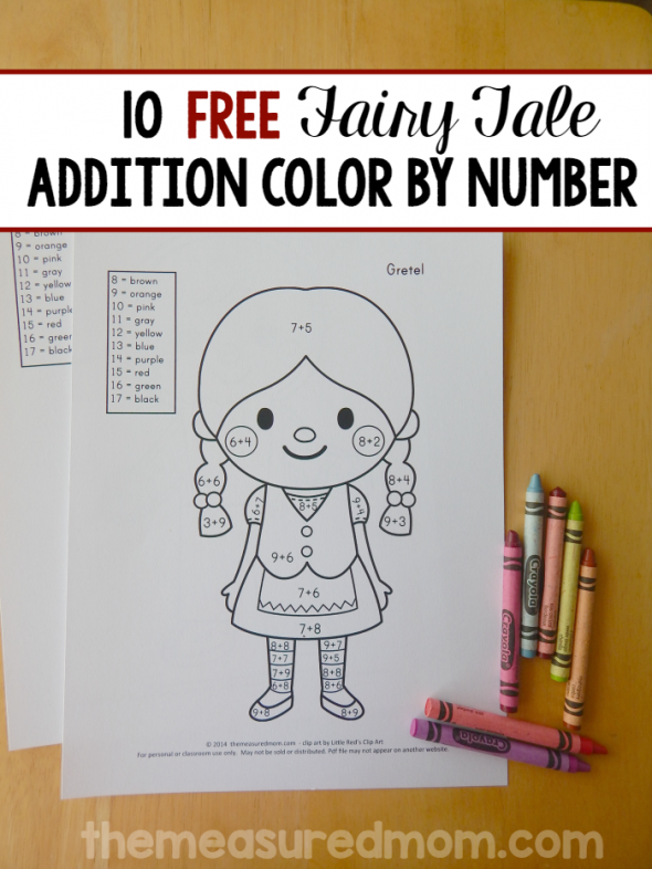 获得这套10个免费彩色数字加法工作表！他们有十个可爱的童话人物。