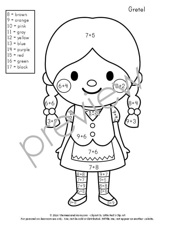 获得这套10个免费彩色数字加法工作表！他们有十个可爱的童话人物。