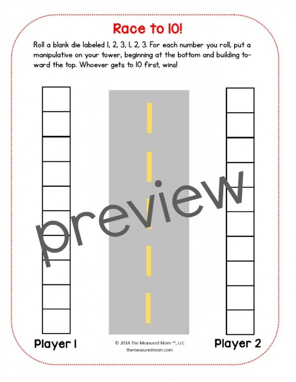 为学前班、幼儿园或一年级学生打印一个免费的Race to 20数学游戏。也可以是Race to 10或Race to 30!