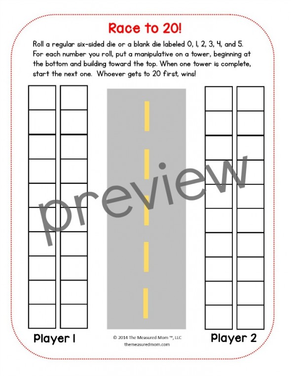 为学前班、幼儿园或一年级学生打印一个免费的Race to 20数学游戏。也可以是Race to 10或Race to 30!